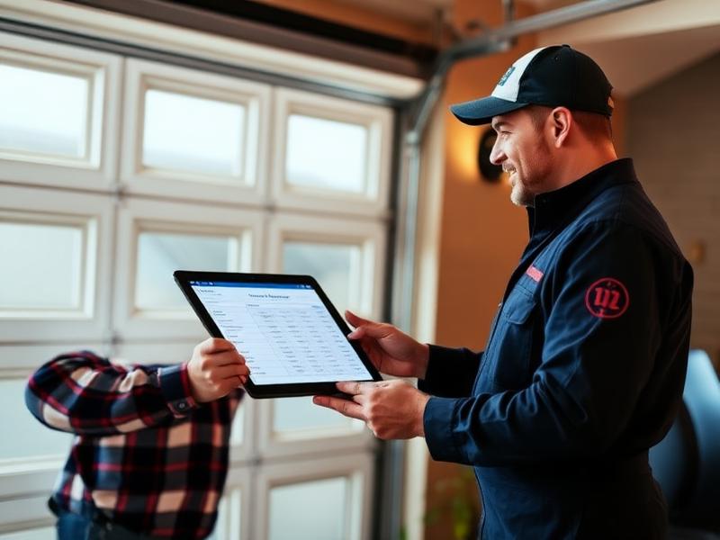 Homeowner and technician reviewing garage door financing options on tablet