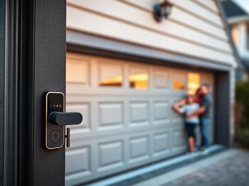 Modern garage door with smart security lock system protecting family home